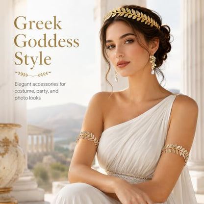 5PCS Greek Goddess Costume Accessories Set Gold Headband Laurel Wreath Headpiece with Armband and Earrings Toga Costume Woman Leaf Crown for Wedding Halloween Roman Toga Party