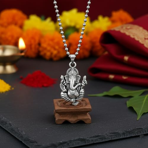 Oxidised Silver Tone Lord Ganesha Ganpati Vighnaharta Spiritual Pendant Necklace for Men Women