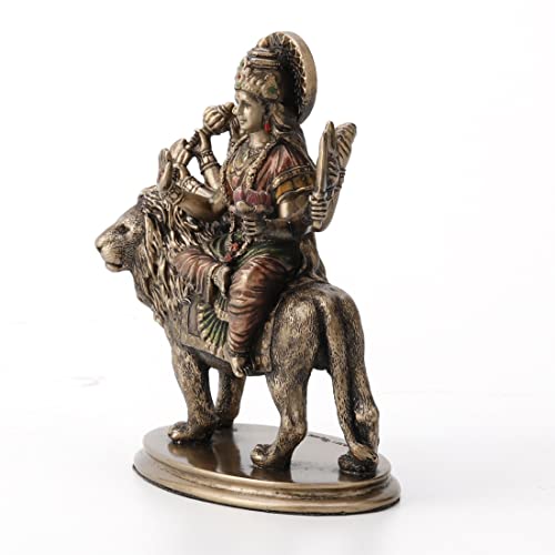Veronese Design 3 3/4" Hindu Goddess Durga Riding on Lion Miniature Statue Resin Hand Painted Figurine