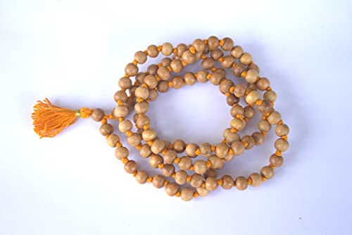 8MM Tulsi mala Beads Necklace Holy Basil 108 + 1 Beads Ram Japa Prayer Mala Energized 108 Hindu Tibetan Buddhist Rosary for Chanting Mantra - color: Orange Tessel