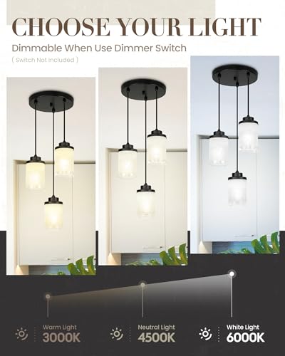 TENGXIN 3-Light Matte Black Pendant Lights Kitchen Island, Frosted Glass - color: Matte Black, Linen Frosted Glass, size: 4", 3-Light