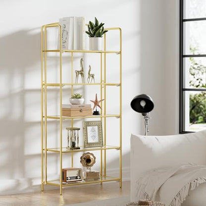 Crofy 5-Tier Wider Foldable Bookshelf, Gold Frame & Transparent Shelves - color: Gold Frame & Transparent Shelf, size: 5 Tier Wider