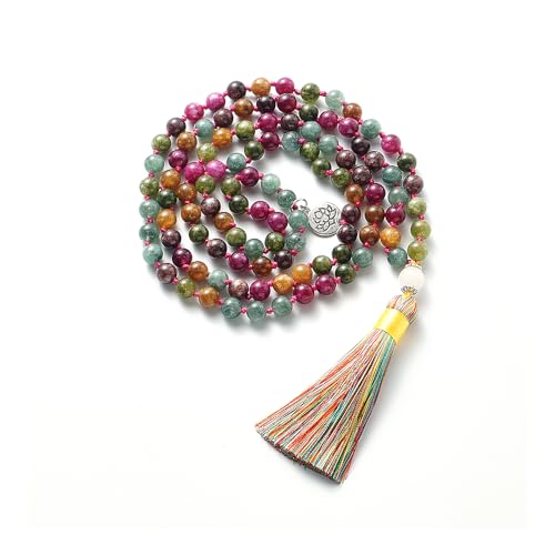 108 Mala Prayer Beads Necklace Natural Stones Meditation Yoga Jewery 108 Hand Knotted Japa Mala Beaded Long Tassel Necklace with Tree of Life Pendant for Men and Women - color: Colored tourmaline
