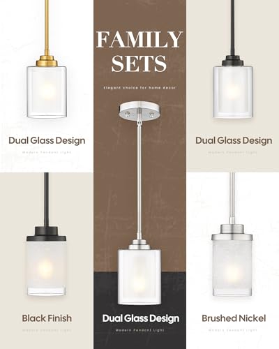 TENGXIN Brushed Nickel Pendant Lights Kitchen Island, Dual Glass Shade - color: Brushed Nickel, Dual Glass, size: 4"
