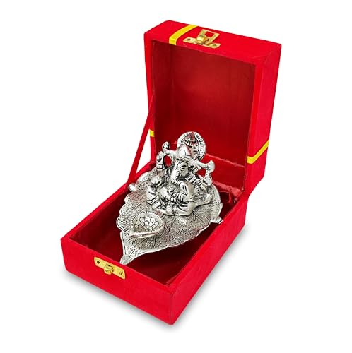 NOBILITY Ganesha on Leaf Silver Diya Oil Lamp Statue Idol with Red Gift Box Pooja Items Diwali Decoration Puja Gifts Handmade Oil Lamp Traditional Indian Deepawali Gift Items - color: Ganesh Diya Silver with Red Box, size: Pack of 1