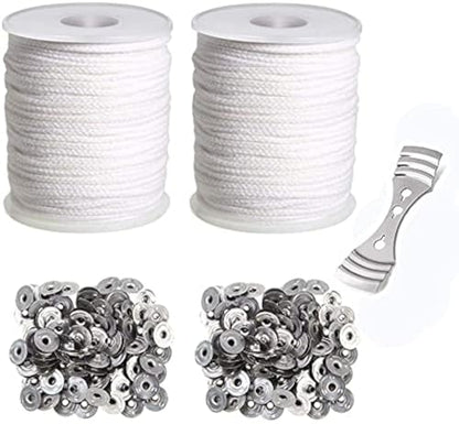 400 ft Cotton Candle Wick,24 PLY Braided Cotton Candle Making Wicks Spool + 200 Pieces Metal Sustainer Tabs + 1 Piece Centering Device Holder Set for DIY Crafts