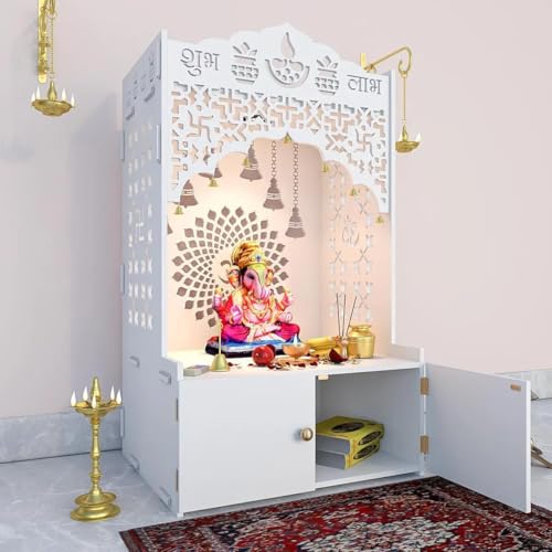 Wooden Home Temple with Built-in Storage Cabinet, White, Shubh Labh Design, Indoor Pooja Mandir