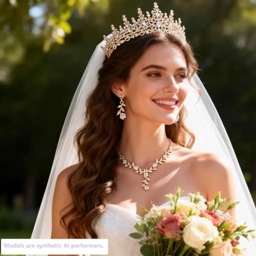 Kamirola Tiaras and Crowns for Women,Tiaras Earrings Necklace, Crystal Bridal Jewelry Set (TR48) - color: Gold White