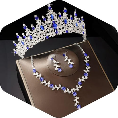 Kamirola Tiaras and Crowns for Women,Tiaras Earrings Necklace, Crystal Bridal Jewelry Set (TR48) - color: Blue Silver