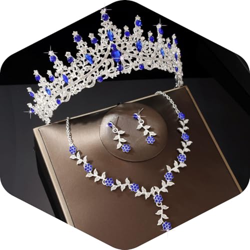 Kamirola Tiaras and Crowns for Women,Tiaras Earrings Necklace, Crystal Bridal Jewelry Set (TR48) - color: Blue Silver