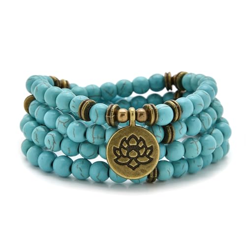 108 Healing Mala Beads Bracelet or Necklace with Gold Lotus Charm - style: Green Turquoise