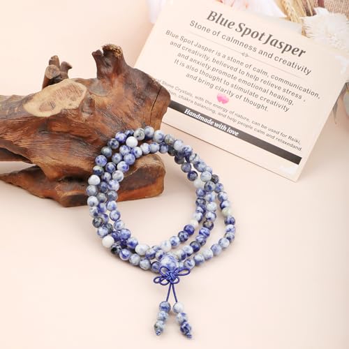 AD Beads 6mm 8mm 108 Prayer Mala Jasper Elastic Bracelet - Handmade Yoga Meditation Healing Power Energy Gifts for Unisex Adult. - color: Blue Spot Jasper(Creativity)
