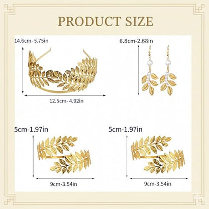 5 Pcs Greek Goddess Costume Accessories Set for Women, Gold Laurel Leaf Crown Headband, Adjustable Leaf Arm Cuffs & Dangle Earrings, Roman Toga Party Costume Set for Bridal Wedding Halloween Cosplay - style: Classic