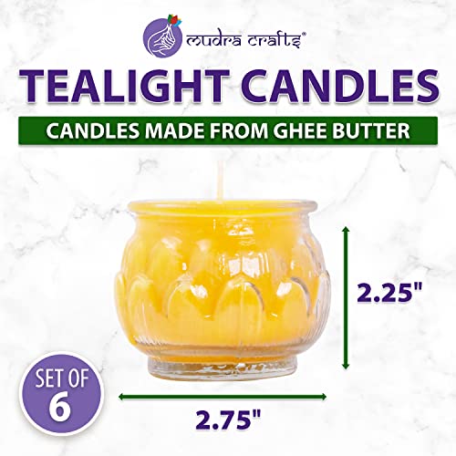 Mudra Crafts Tibetan Tealight Vanaspati Ghee Butter Lamp Candle Set for Meditation, Ceremonies, Rituals, Altars, Diwali (Lotus Glass Jar)