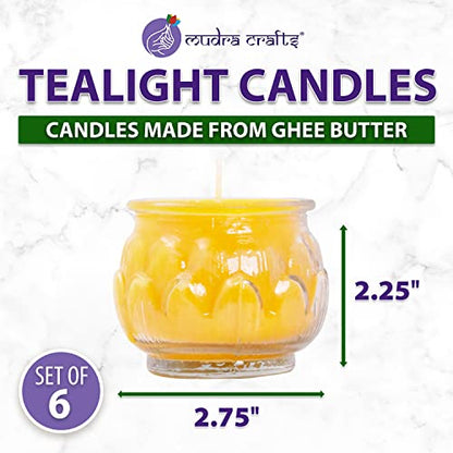 Mudra Crafts Tibetan Tealight Vanaspati Ghee Butter Lamp Candle Set for Meditation, Ceremonies, Rituals, Altars, Diwali (Lotus Glass Jar)