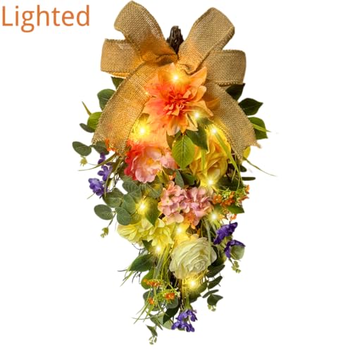 Svndlyn Lighted Spring Summer Floral Teardrop Swag with Burlap Bow, Dahlia