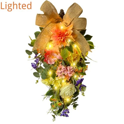 Svndlyn Lighted Spring Summer Floral Teardrop Swag with Burlap Bow, Dahlia