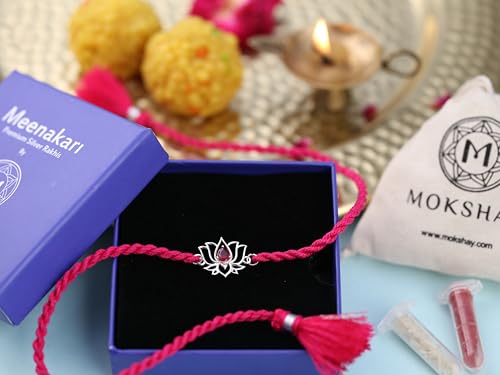 Meenakari Pure 925 Sterling Silver Lotus with Zircon Rakhi set with Roli Chawal, Rakshabandhan Greeting Card and Authenticity certificate For Brother/Men/Unisex