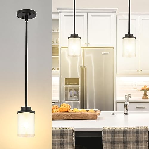 TENGXIN Matte Black Pendant Lights Kitchen Island, Frosted Glass Shade - color: Matte Black, Linen Frosted Glass, size: 4"