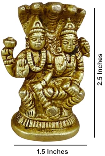 2.25 Inches Solid Brass Laxmi Narayan Murti | Lord Vishnu & Goddess Lakshmi Seated on Shesh Nag in Blessing Pose | Small Idol for Home Temple, Puja Room & Diwali Gift - size: Laxmi-Narayan