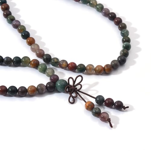 108 Mala Beads Stretch Bracelet 6mm Natural Gemstone Prayer Beaded Necklace - color: Indian Agate