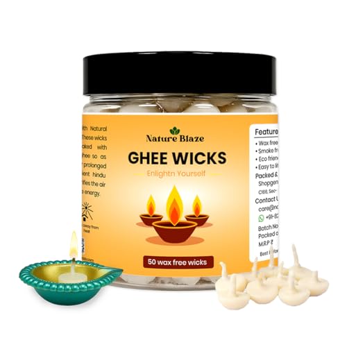 Pure Cow Ghee Lamp (Pack of 50 Pcs) Readymade Ghee Cotton Wicks | Arti Diya for Pooja | Ghee Wicks Batti | Easy Ghee Diya Wicks | Ghee Candles Cow Ghee Wicks | Ghee Jyoti Batti - size: Pack of 50