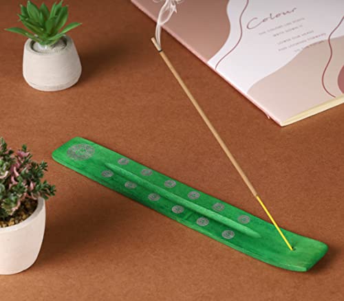 Bless-International Traditional-Handmade-Burner Wooden-Incense-Stick-Holder Ash-Catcher-Stand for-Aromatherapy-Meditation-Yoga (Earth Green) 10 Inches, Pack of 2 - color: Earth Green,10 Inch, size: Two Holders