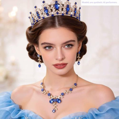 Kamirola Tiaras and Crowns for Women,Tiaras Earrings Necklace, Crystal Bridal Jewelry Set, Costume Party Halloween Prom Pageant Jewelry for Women(TR45) - color: Gold Blue