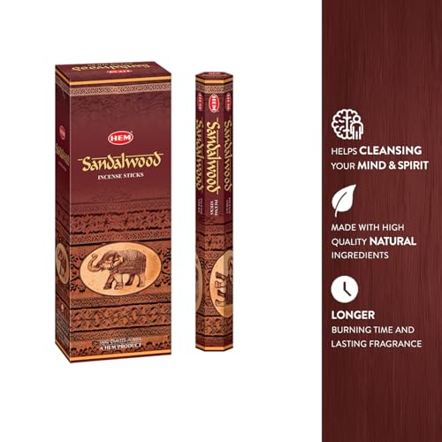 HEM Sandalwood Incense Sticks – 120 Count (Pack of 6 Boxes) – Classic Sandalwood Aroma Incense for Meditation, Yoga & Home Fragrance - size: PACK OF 6