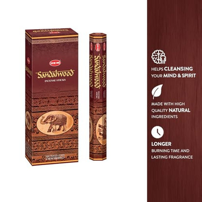 HEM Sandalwood Incense Sticks – 120 Count (Pack of 6 Boxes) – Classic Sandalwood Aroma Incense for Meditation, Yoga & Home Fragrance - size: PACK OF 6