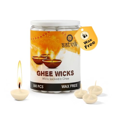 SATVIK Pack of 150 Pure Ghee Wicks for Puja | Ready-to-Use Diya Batti | 30-Min Burn Time | Wax-Free Cotton Wicks | Ideal for Pooja, Meditation, Diwali, and Housewarming Gifts - size: 150 Pc
