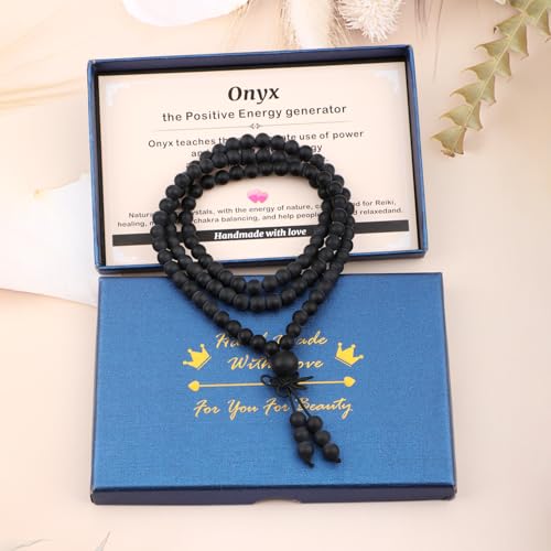 AD Beads 6mm 8mm 108 Prayer Mala Jasper Elastic Bracelet - Handmade Yoga Meditation Healing Power Energy Gifts for Unisex Adult. - color: Matte Onyx(Peace)