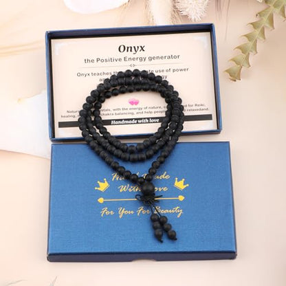 AD Beads 6mm 8mm 108 Prayer Mala Jasper Elastic Bracelet - Handmade Yoga Meditation Healing Power Energy Gifts for Unisex Adult. - color: Matte Onyx(Peace)