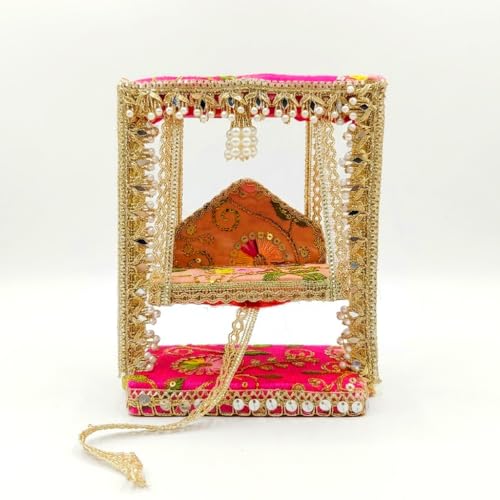SATVIK 1Pc - Janmashtami Krishna Jhula Decorative Wooden Swing for Laddu Gopal | Fabric & Lace Handcrafted Design | Pooja Mandir Festive Decor