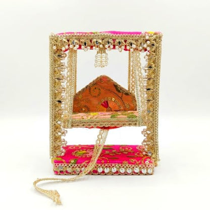SATVIK 1Pc - Janmashtami Krishna Jhula Decorative Wooden Swing for Laddu Gopal | Fabric & Lace Handcrafted Design | Pooja Mandir Festive Decor