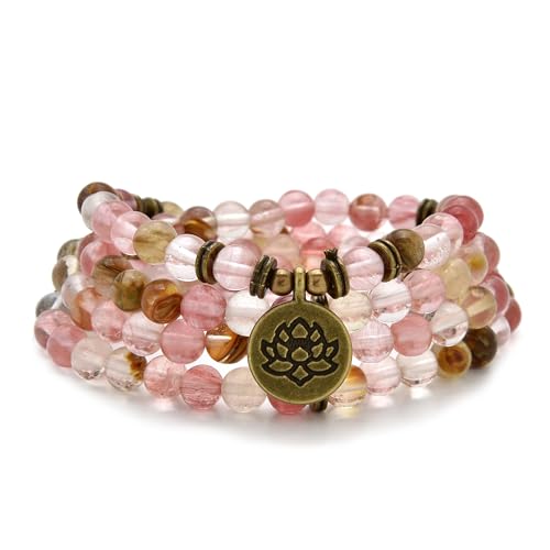 108 Healing Mala Beads Bracelet or Necklace with Gold Lotus Charm - style: Watermelon Tourmaline