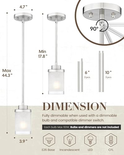 TENGXIN Brushed Nickel Pendant Lights Kitchen Island, Frosted Glass Shade - color: Brushed Nickel, Linen Frosted Glass, size: 4"