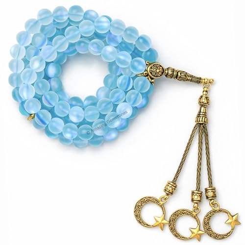 Amazing Gemstone Crystal Tasbeeh with Moon and Star Charm - Certified Crystal Muslim Prayer Beads Natural Gemstone Tasbih Gift for Ramadan Dhikr and Daily Namaz (G) - color: Blue Mermaid Glass