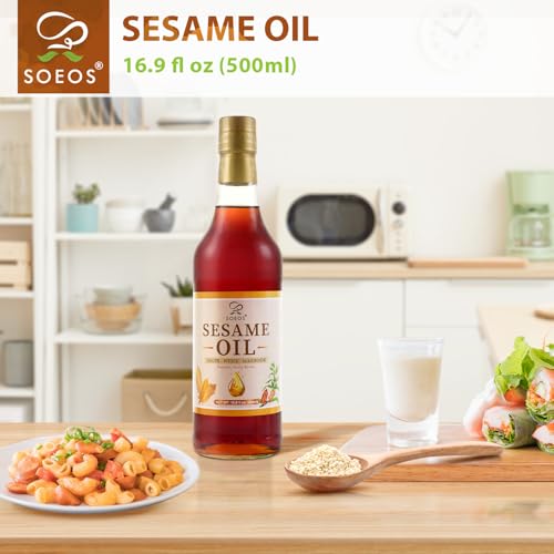 Soeos Sesame Oil, Toasted Sesame Seed Oil, 16.9 Fl Oz (500 ml), Nutty Flavor, Perfect for Asian Food, Noodles, Soup, Baking, and Stir-Fry - size: 16.9 Fl Oz (Pack of 1)