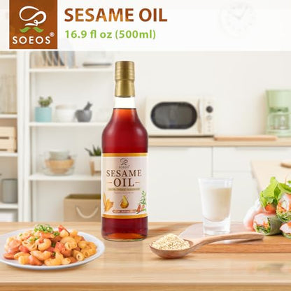 Soeos Sesame Oil, Toasted Sesame Seed Oil, 16.9 Fl Oz (500 ml), Nutty Flavor, Perfect for Asian Food, Noodles, Soup, Baking, and Stir-Fry - size: 16.9 Fl Oz (Pack of 1)
