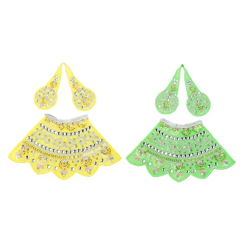 Set of 2 Durga Devi Dress poshak Puja Cloth lehanga Chunari-Green,Yellow-3" - color: Green and Yellow