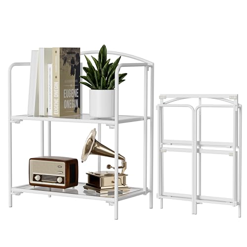 Crofy 2-Tier Foldable Bookshelf, White Frame & Transparent Shelves - color: White Frame & Transparent Shelf, size: 2 Tier