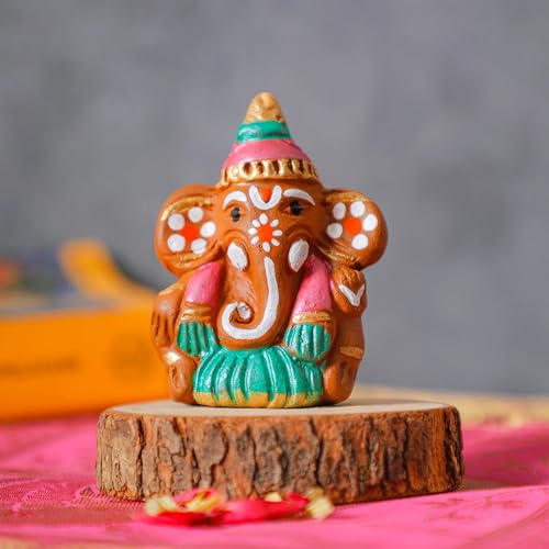 Desi Favors Terracotta Ganesha Murti | Hindu Lord Ganesha Idol Statue | Diwali Gifts Small Ganesh for Car Dashboard Decor | Indian God Figurine Home Mandir Pooja Wedding Gift - 3x2.5 Inch (Pack of 1) - style: Terracotta Ganesha Murti