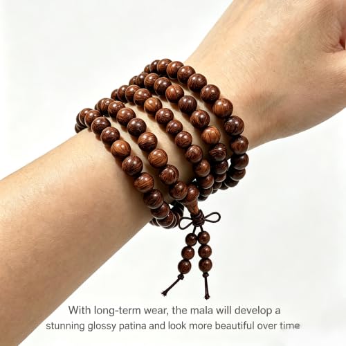 Mala Beads, 108 Natural Wood Bracelet, Handmade Wood Beads Yoga Meditation Prayer Beaded Jewelry for Men Women - color: Padauk Wood Beads