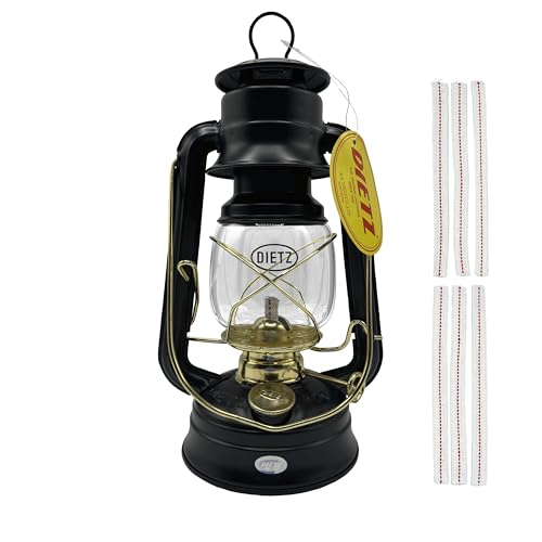 Light of Mine - Dietz #76 Original Black with Gold Trim Oil Lantern Bundle Including 6-Pack of 100% Cotton 1/2" Replacement Wick Strips (#76, BLK & G) - style: Black with Gold Trim