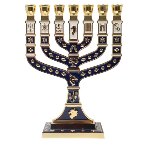 Jerusalem Blue Enamel 7 Branch Menorah 10.8" high, with 12 Tribes of Israel, Candlestick Candle Holders (10.8 inch) - color: Golden Blue