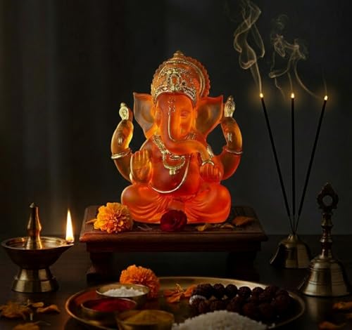 Transparent Ganesh Idol Statue for Table Top, Desktop & Home Decor | 14 cm Glass-Look Multicolor Ganpati Murti for Pooja, Home Mandir, Diwali Gift, Meditation & Calm Yoga Decor (Orange) - color: Orange