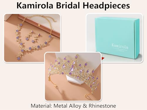 Kamirola Tiaras and Crowns for Women,Tiaras Earrings Necklace, Crystal Bridal Jewelry Set (TR48) - color: Gold Purple