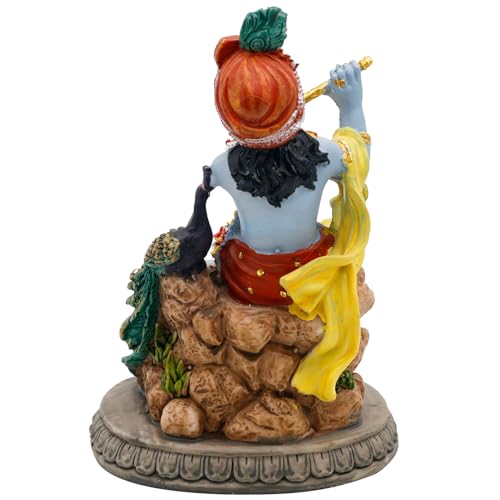 alikiki Hindu God Krishna Statue - 5.5”H India Lord Krishna Idol Play the Flute w/Peacock Murti Item Home Office Temple Mandir Shrine Altar Pooja Decor Diwali Puja Decor Gifts for Indian Friend