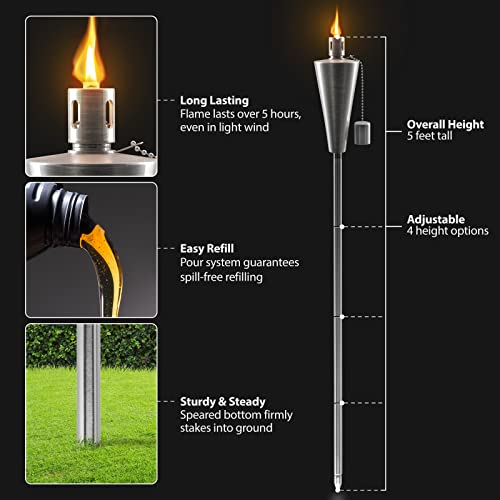 Matney Stainless Steel Outdoor Torches, 5 Ft (4 Pack, Cone) - size: 4 Pack, style: Cone